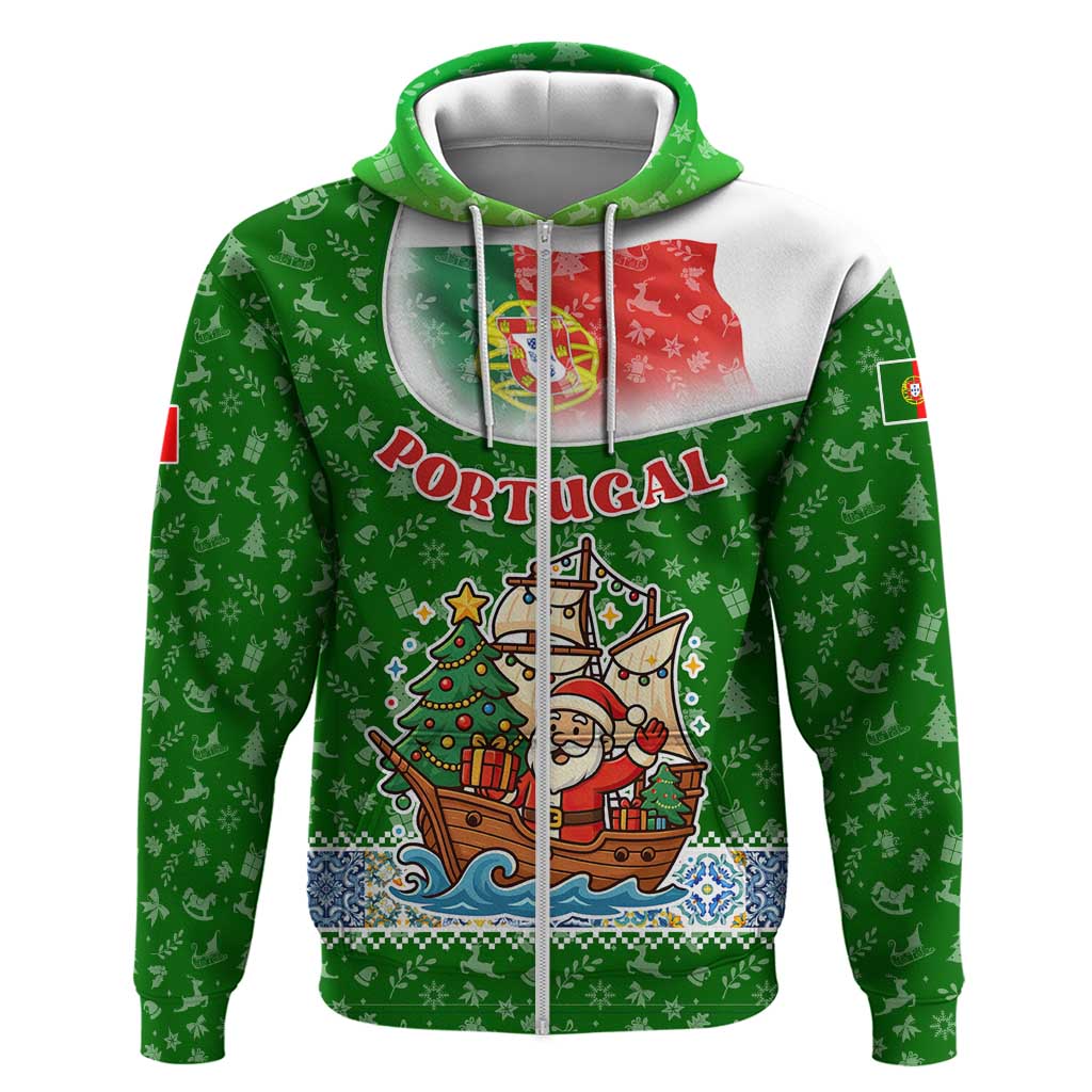 Portugal Christmas Hoodie with Green Red Santa Ship Tree and Coat of Arms TS04