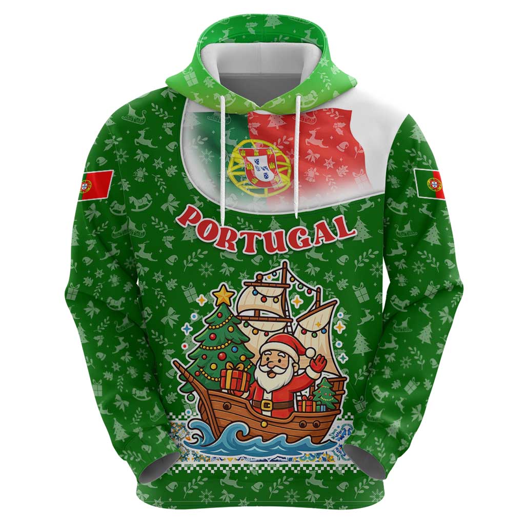 Portugal Christmas Hoodie with Green Red Santa Ship Tree and Coat of Arms TS04