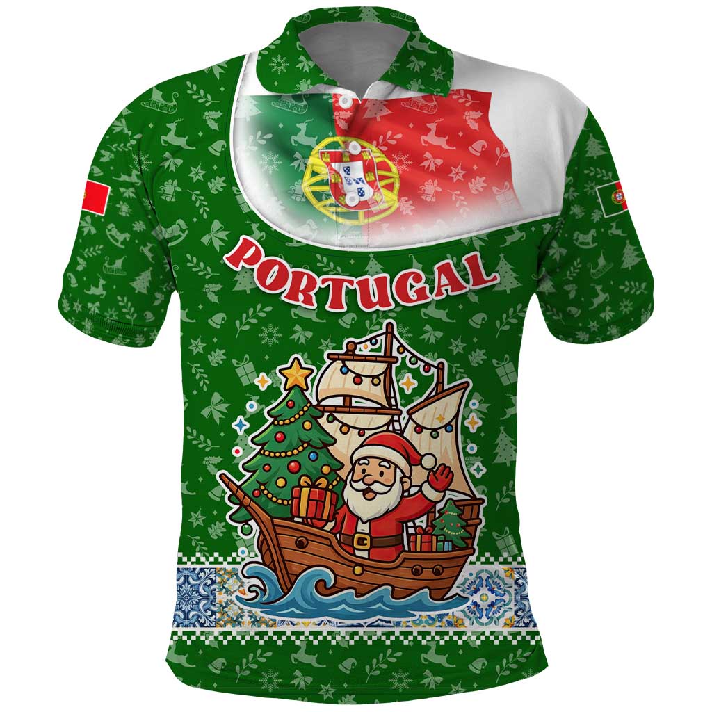 Portugal Christmas Polo Shirt with Green Red Santa Ship Tree and Coat of Arms TS04