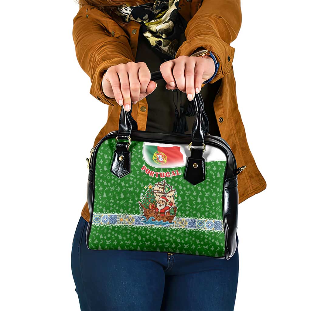 Portugal Christmas Shoulder Handbag with Green Red Santa Ship Tree and Coat of Arms TS04
