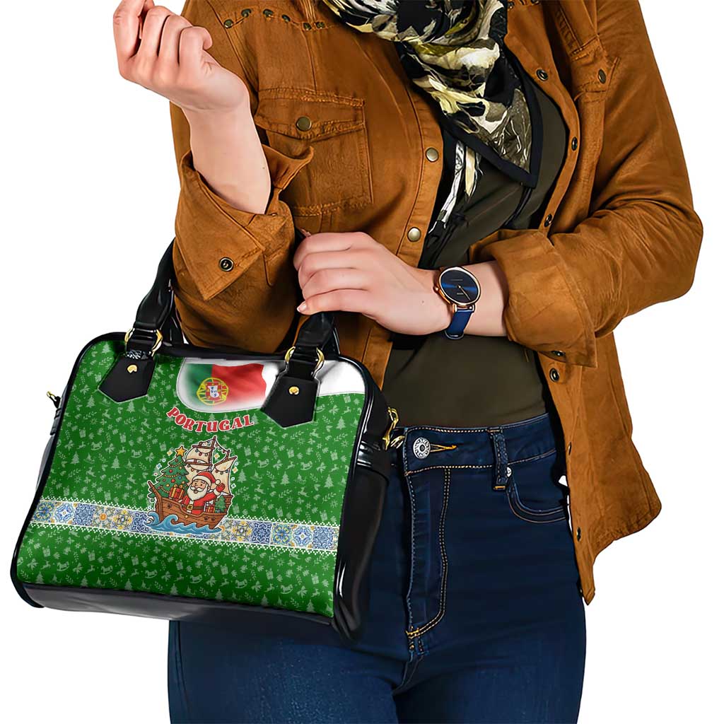 Portugal Christmas Shoulder Handbag with Green Red Santa Ship Tree and Coat of Arms TS04
