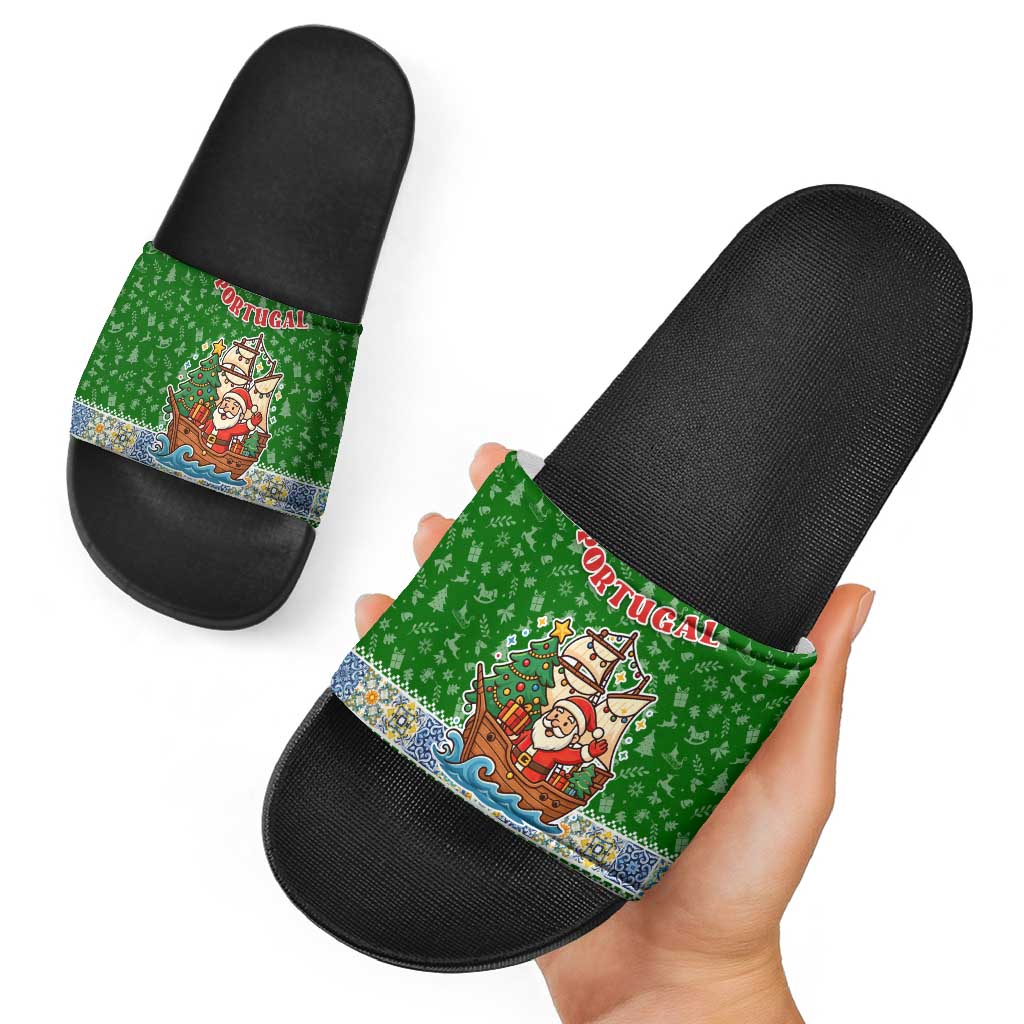 Portugal Christmas Slide Sandals with Green Red Santa Ship Tree and Coat of Arms TS04