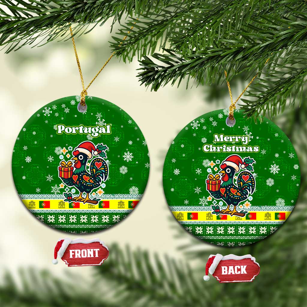 Portugal Christmas Ceramic Ornament with Green Galo de Barcelos Rooster Santa Hat and Gift TS04