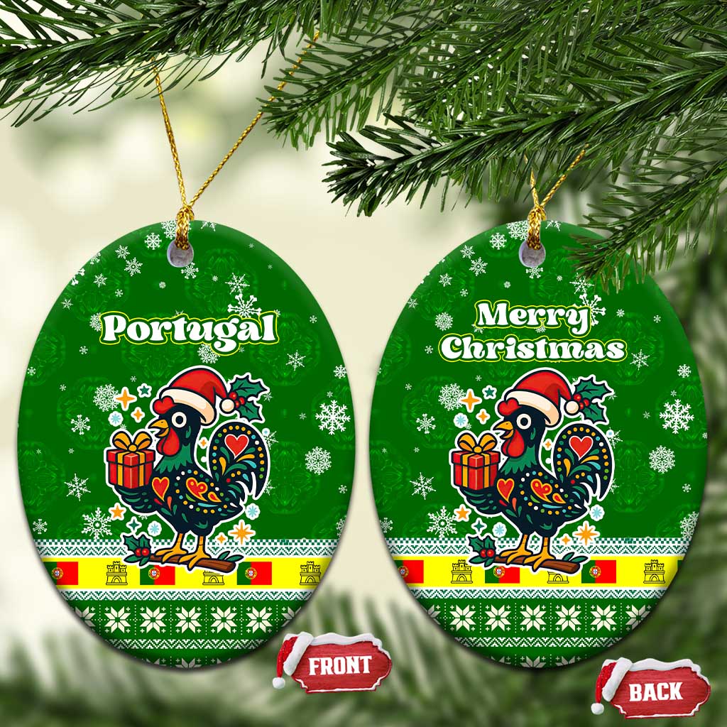 Portugal Christmas Ceramic Ornament with Green Galo de Barcelos Rooster Santa Hat and Gift TS04