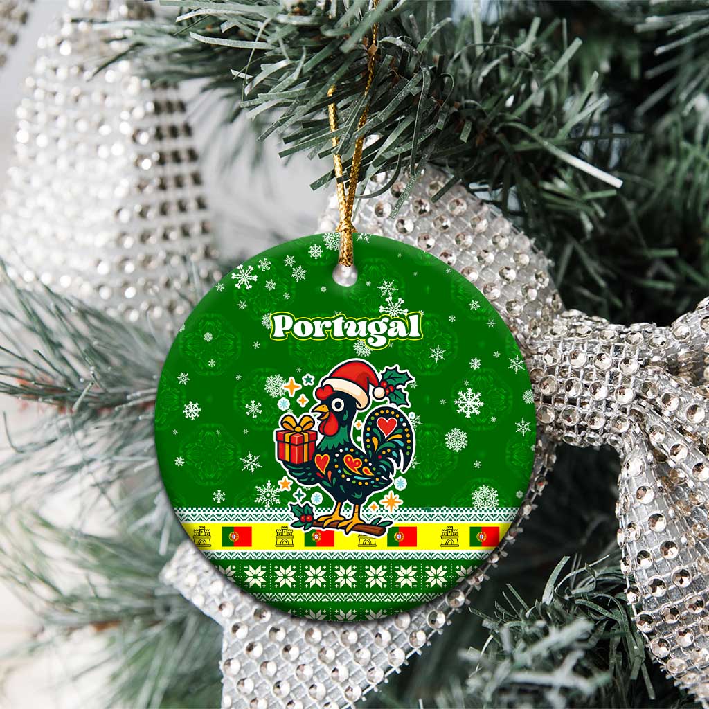 Portugal Christmas Ceramic Ornament with Green Galo de Barcelos Rooster Santa Hat and Gift TS04