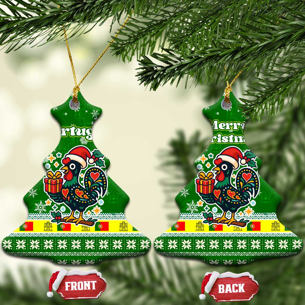 Portugal Christmas Ceramic Ornament with Green Galo de Barcelos Rooster Santa Hat and Gift TS04