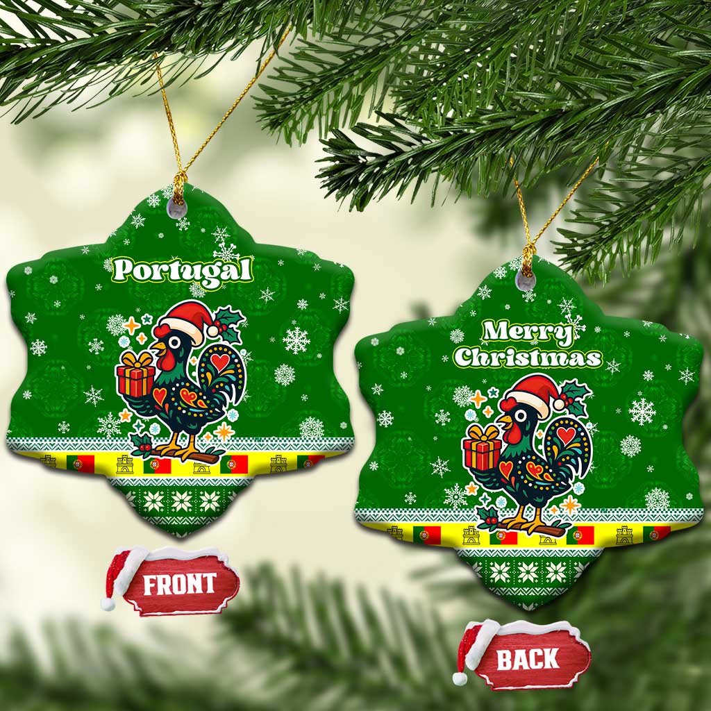 Portugal Christmas Ceramic Ornament with Green Galo de Barcelos Rooster Santa Hat and Gift TS04