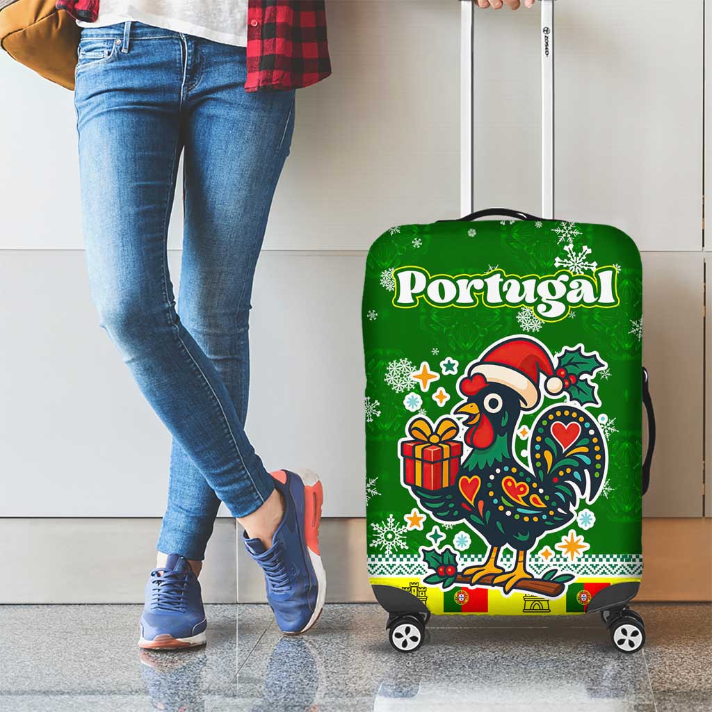 Portugal Christmas Luggage Cover with Green Galo de Barcelos Rooster Santa Hat and Gift TS04