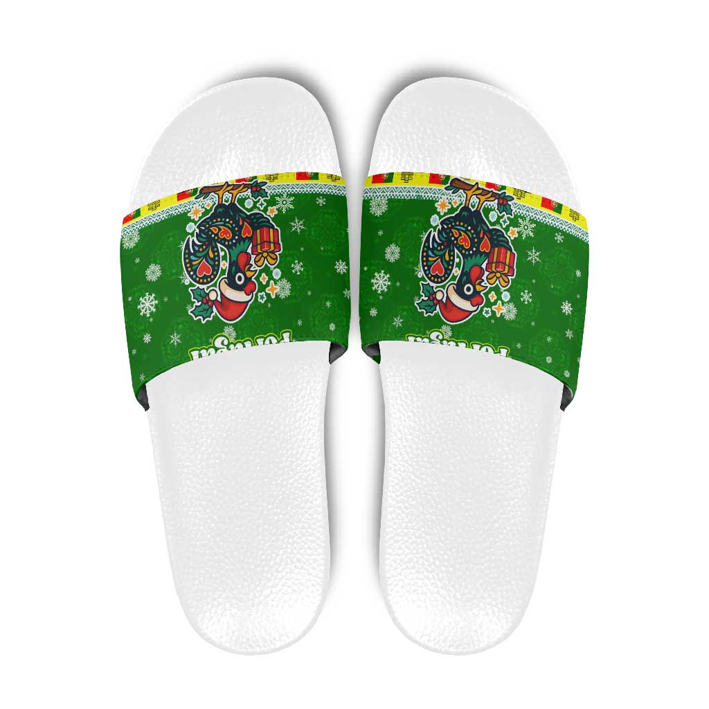 Portugal Christmas Slide Sandals with Green Galo de Barcelos Rooster Santa Hat and Gift TS04