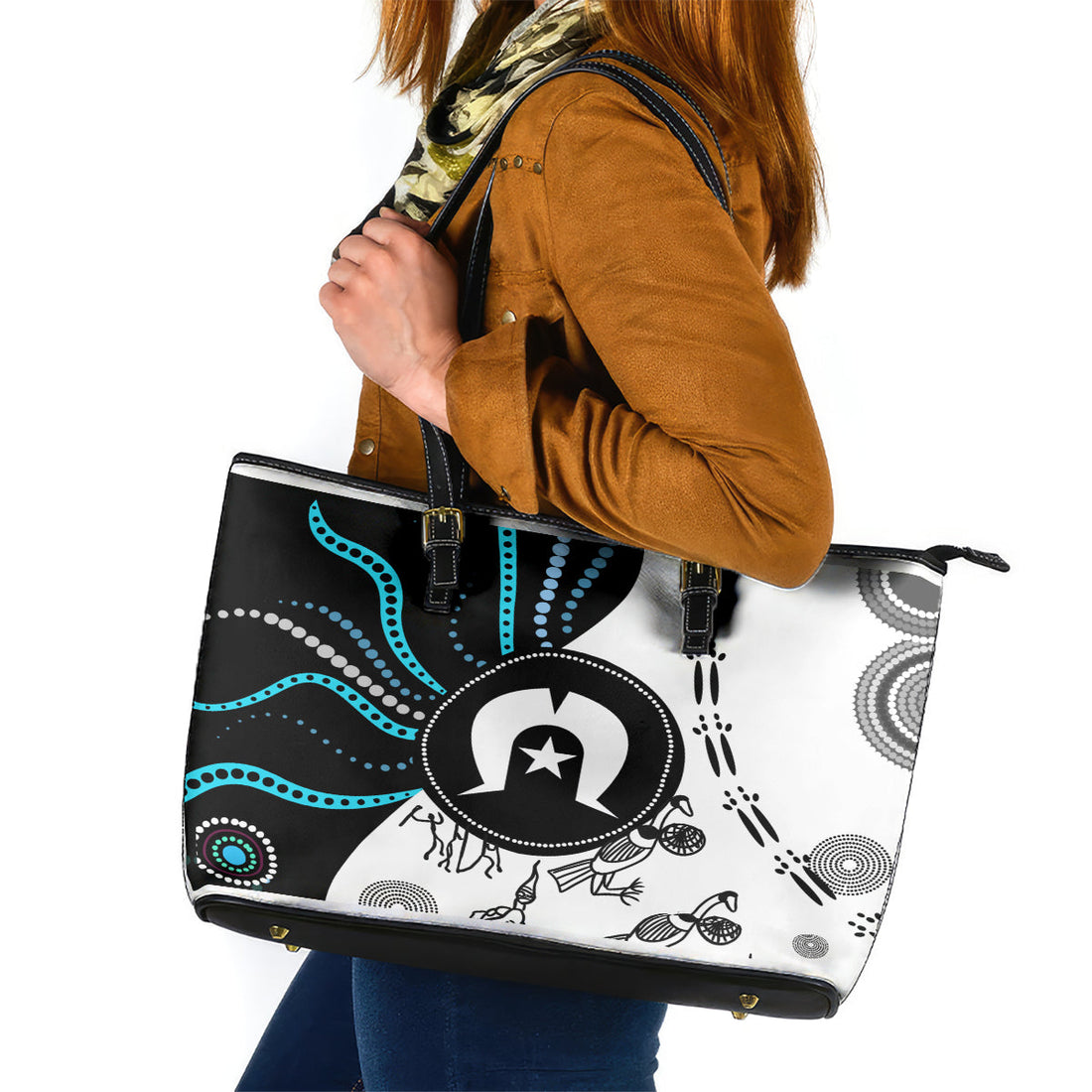 Aboriginal Pattern Torest  Strait Island Leather Tote Bag TS04