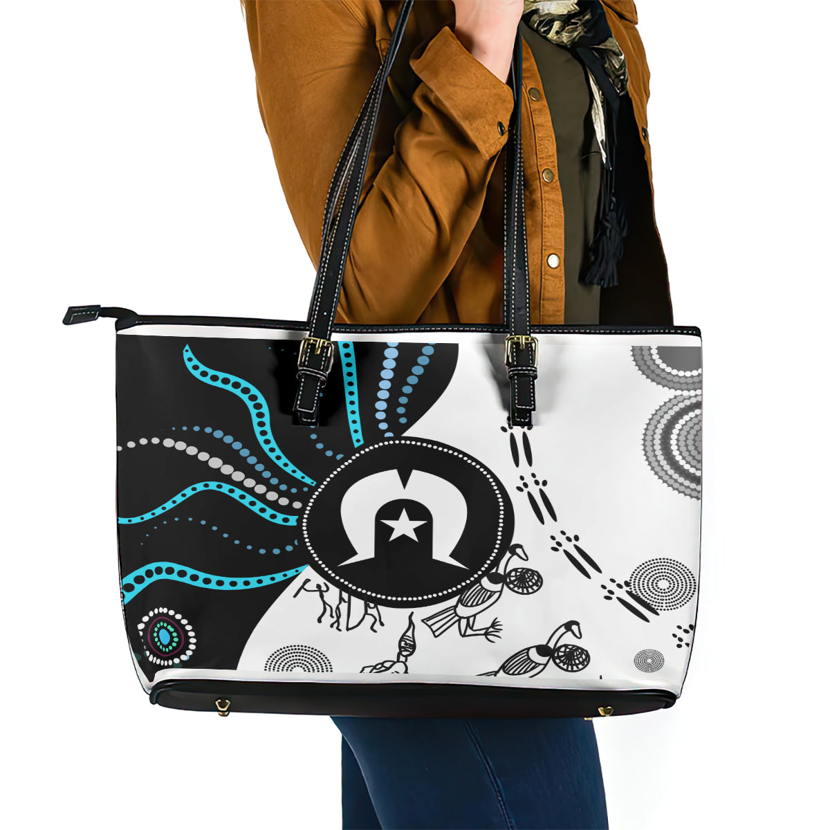 Aboriginal Pattern Torest  Strait Island Leather Tote Bag TS04