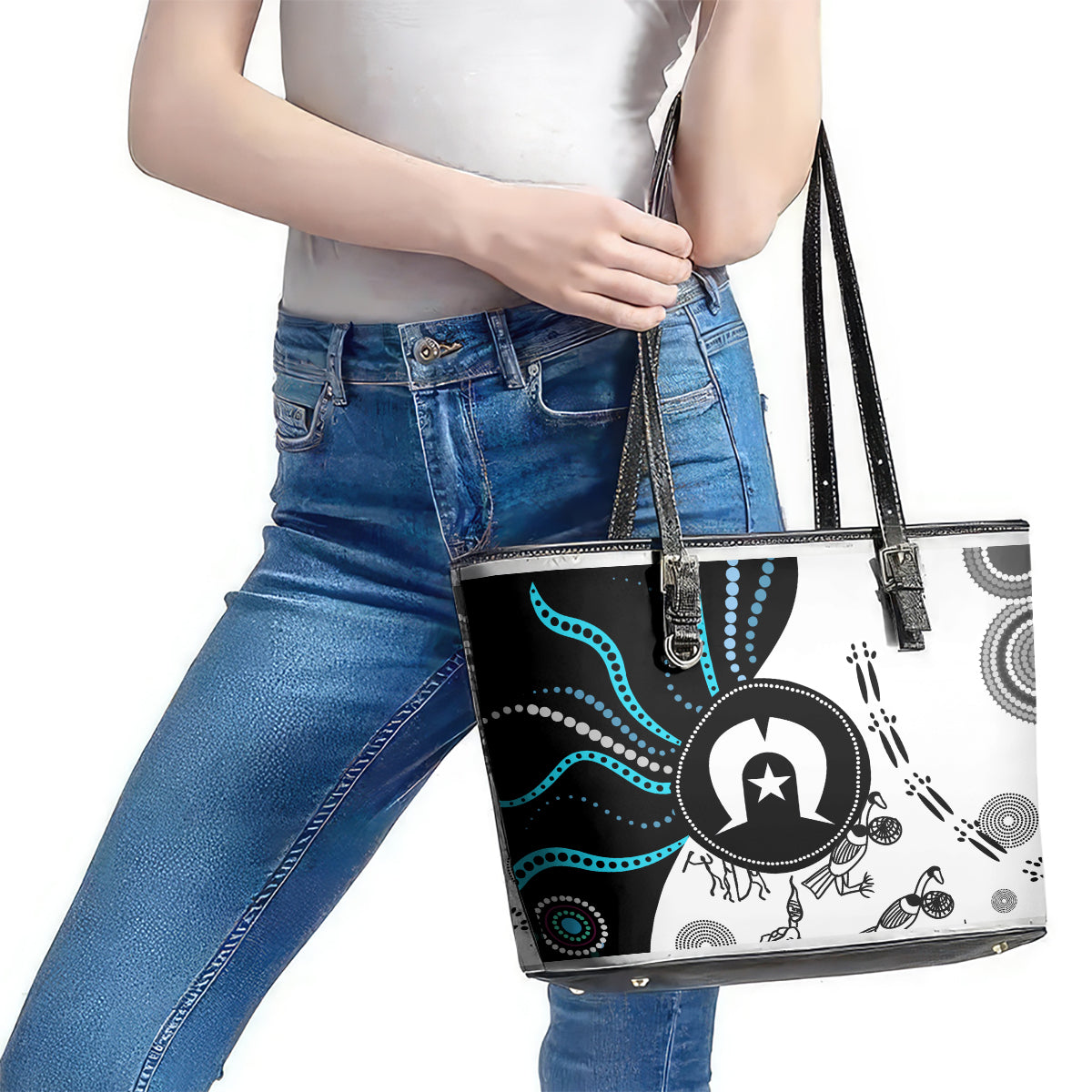 Aboriginal Pattern Torest  Strait Island Leather Tote Bag TS04