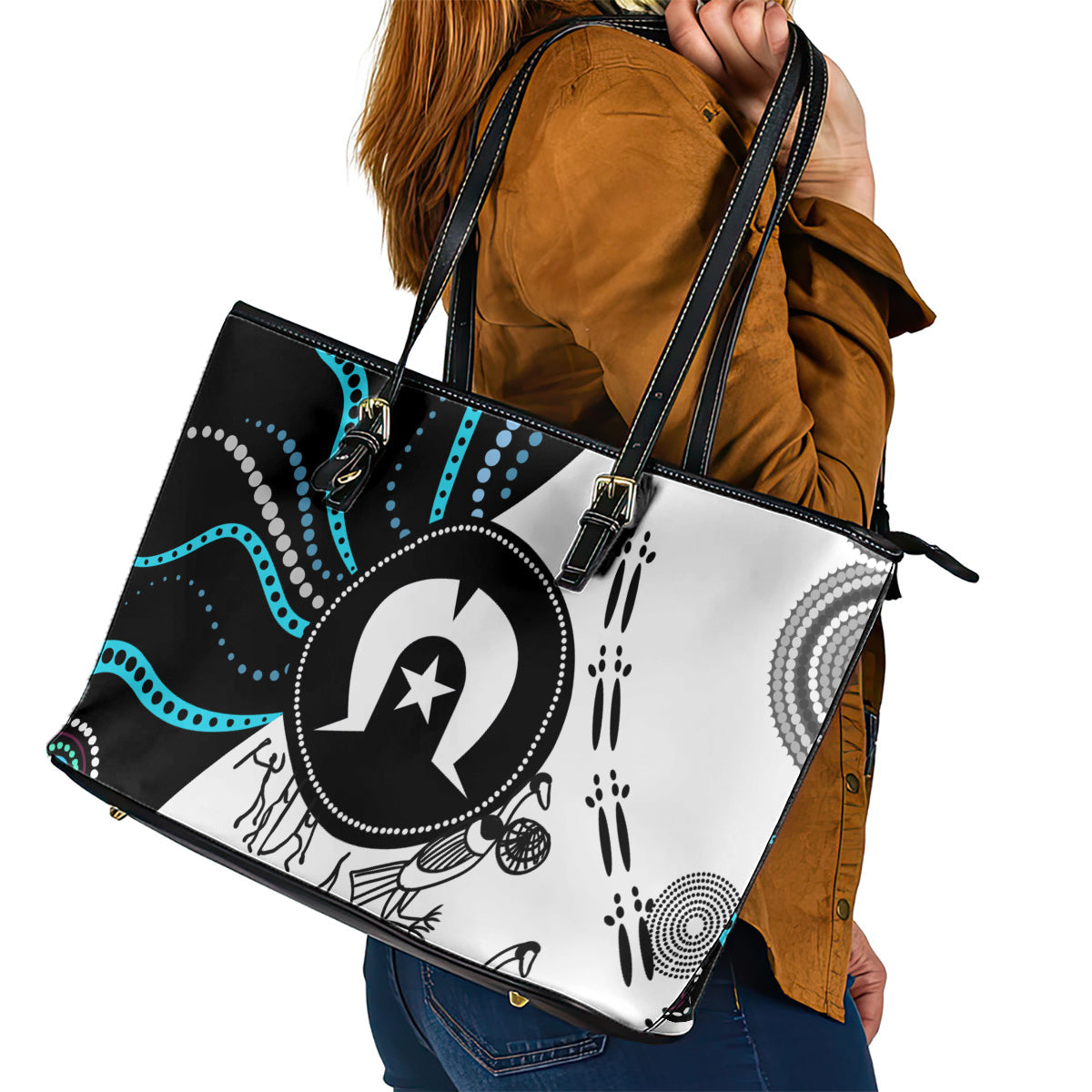 Aboriginal Pattern Torest  Strait Island Leather Tote Bag TS04