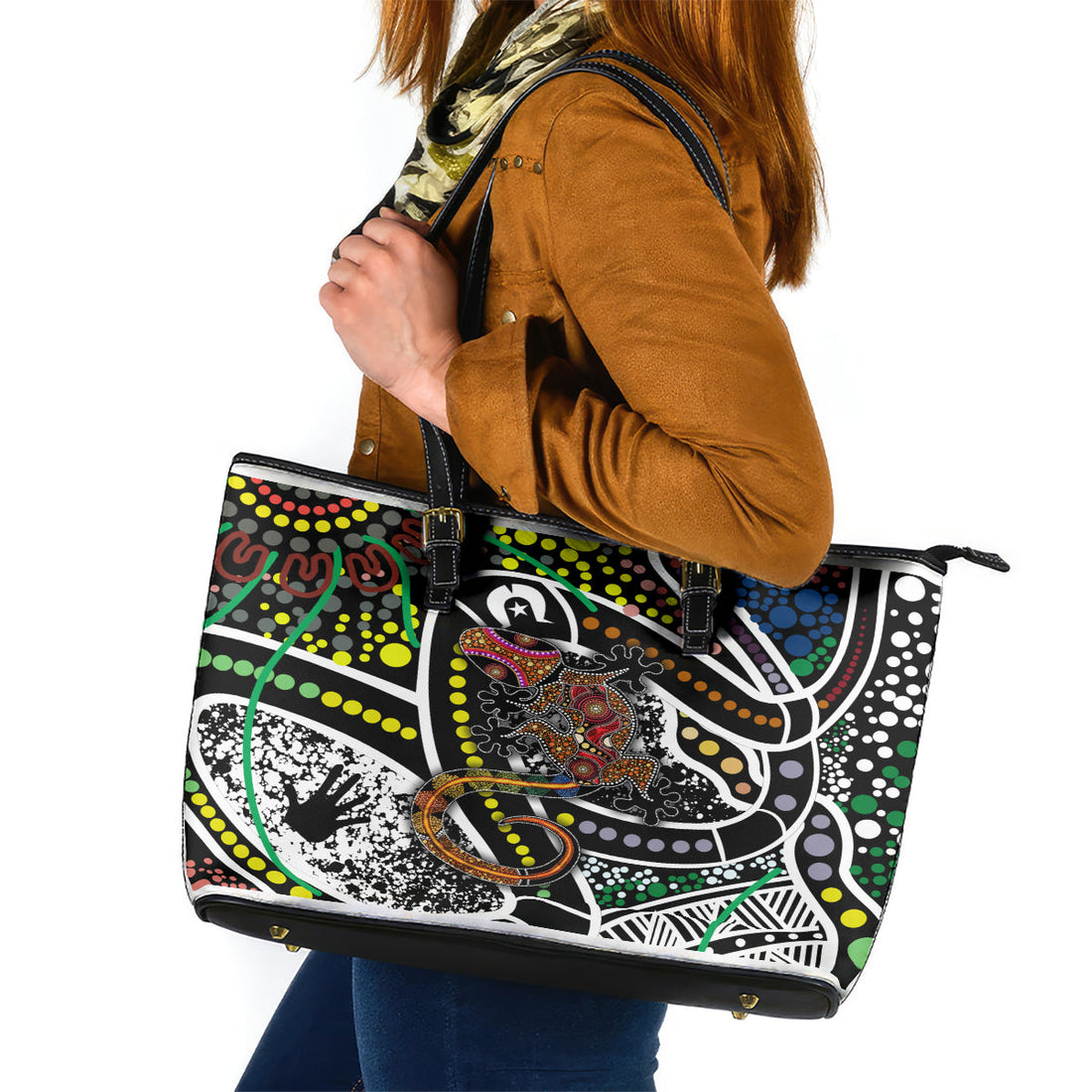 Aboriginal Lizzard Pattern Dot Art Leather Tote Bag TS04