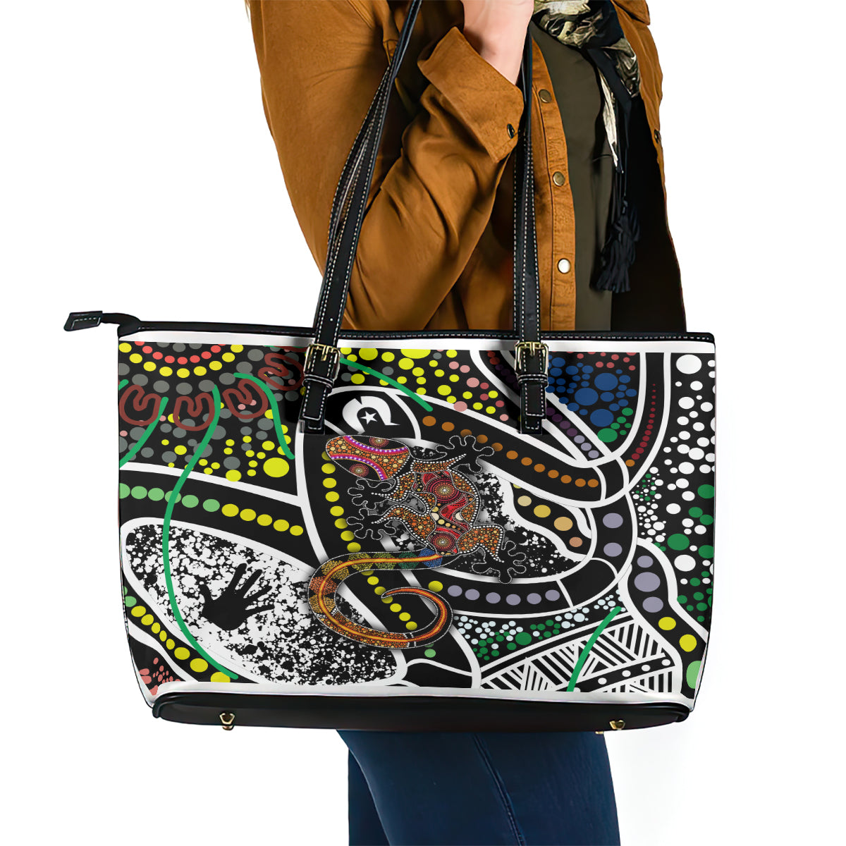 Aboriginal Lizzard Pattern Dot Art Leather Tote Bag TS04