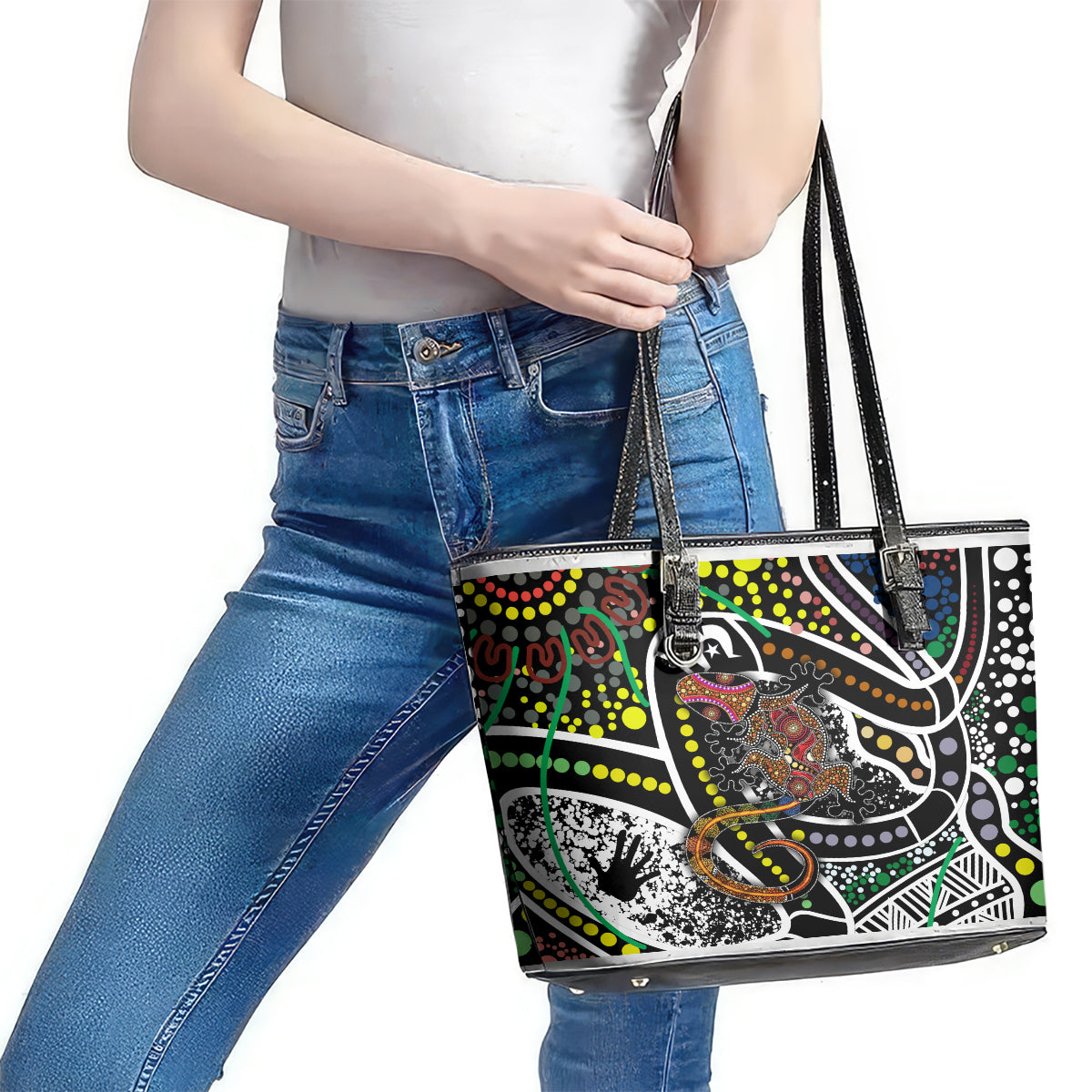 Aboriginal Lizzard Pattern Dot Art Leather Tote Bag TS04