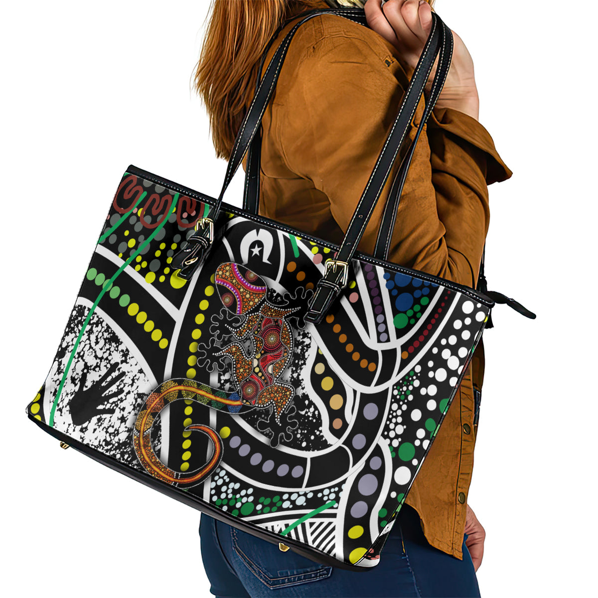 Aboriginal Lizzard Pattern Dot Art Leather Tote Bag TS04