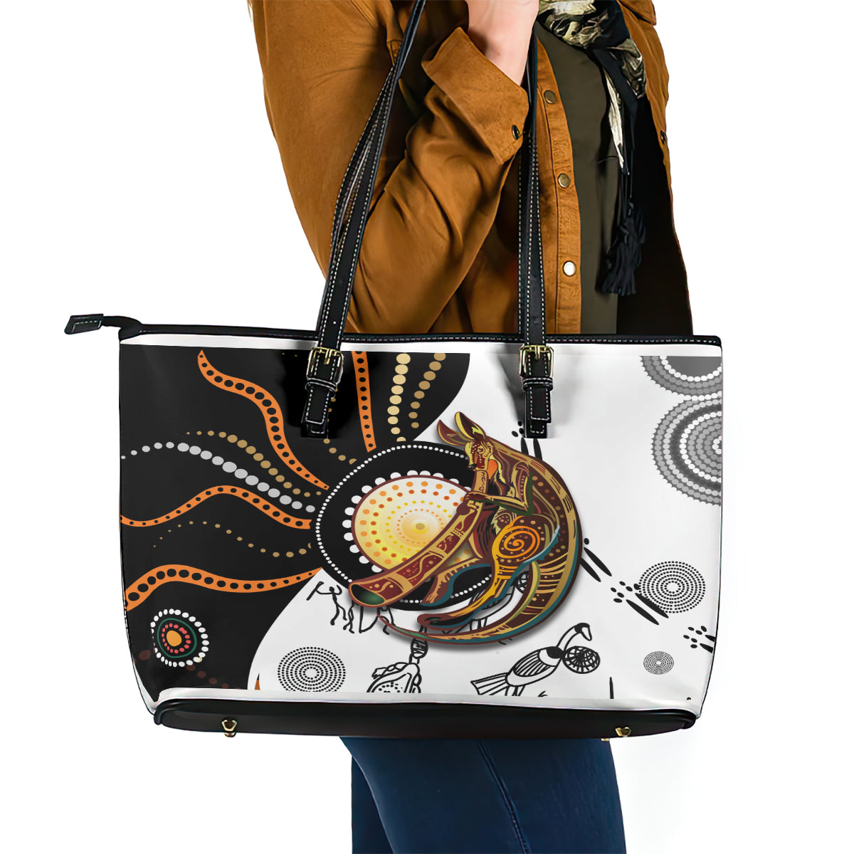 Aboriginal Kangaroo Pattern Dot Art Leather Tote Bag TS04