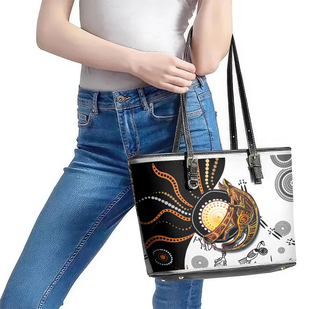 Aboriginal Kangaroo Pattern Dot Art Leather Tote Bag TS04