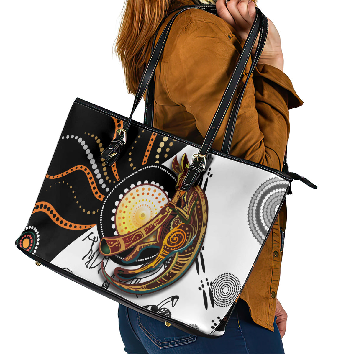 Aboriginal Kangaroo Pattern Dot Art Leather Tote Bag TS04