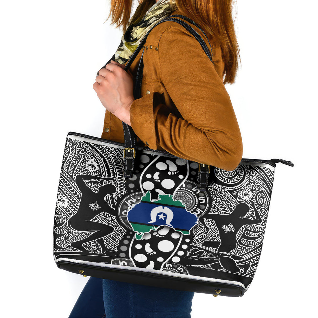 Torest Trait Islands Map Mix Aboriginal Pattern Leather Tote Bag TS04