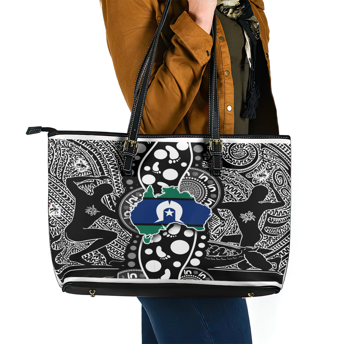 Torest Trait Islands Map Mix Aboriginal Pattern Leather Tote Bag TS04