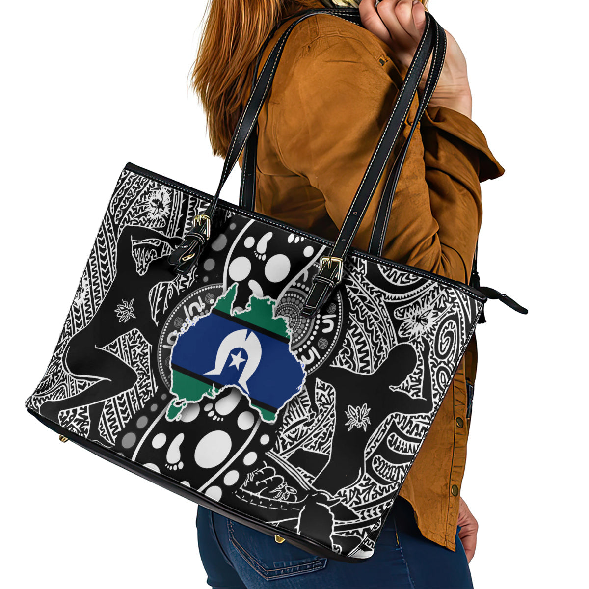 Torest Trait Islands Map Mix Aboriginal Pattern Leather Tote Bag TS04