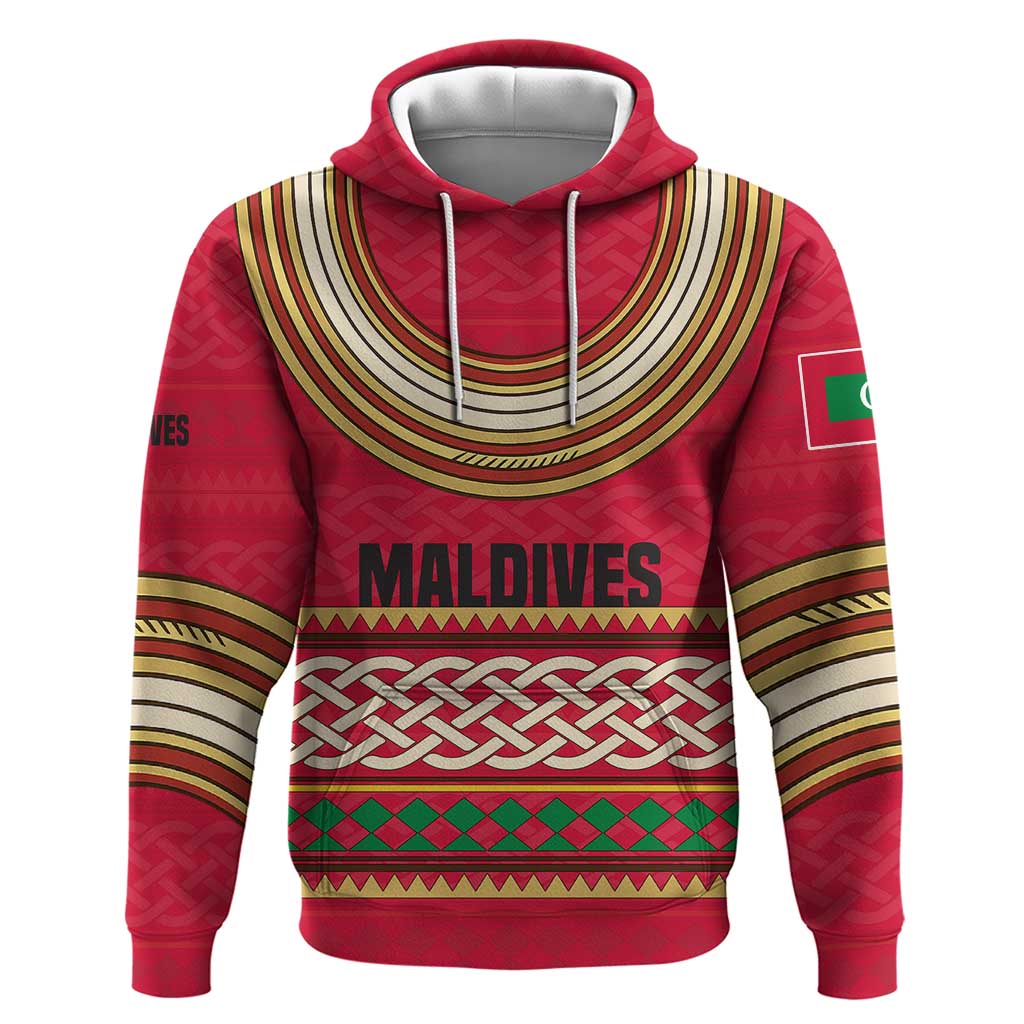 Maldives Tribal Heritage Red Hoodie with Cultural Geometric Pattern and Island Flag Print TS04