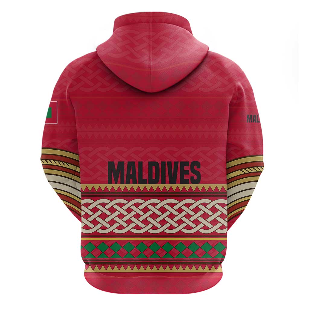 Maldives Tribal Heritage Red Hoodie with Cultural Geometric Pattern and Island Flag Print TS04