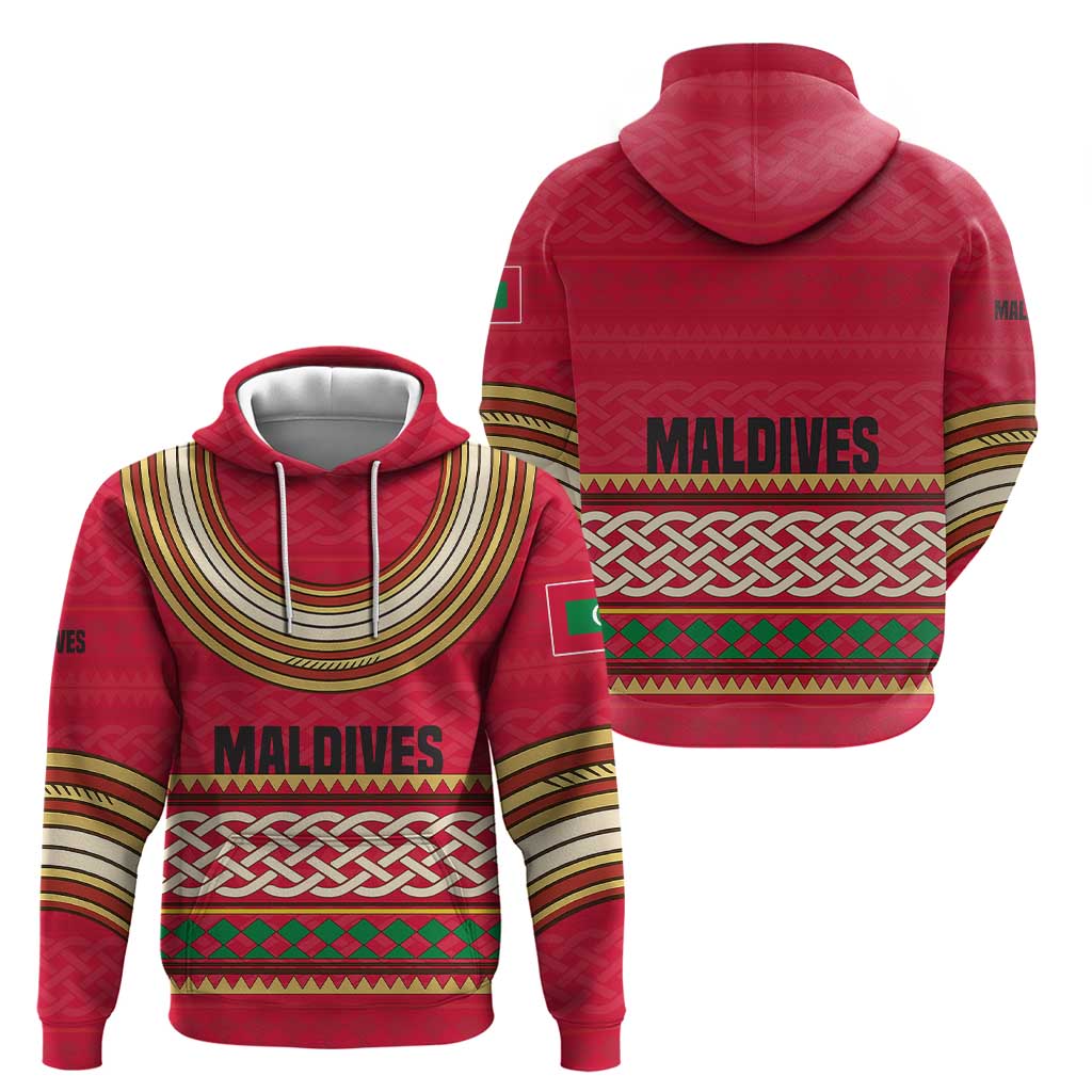 Maldives Tribal Heritage Red Hoodie with Cultural Geometric Pattern and Island Flag Print TS04