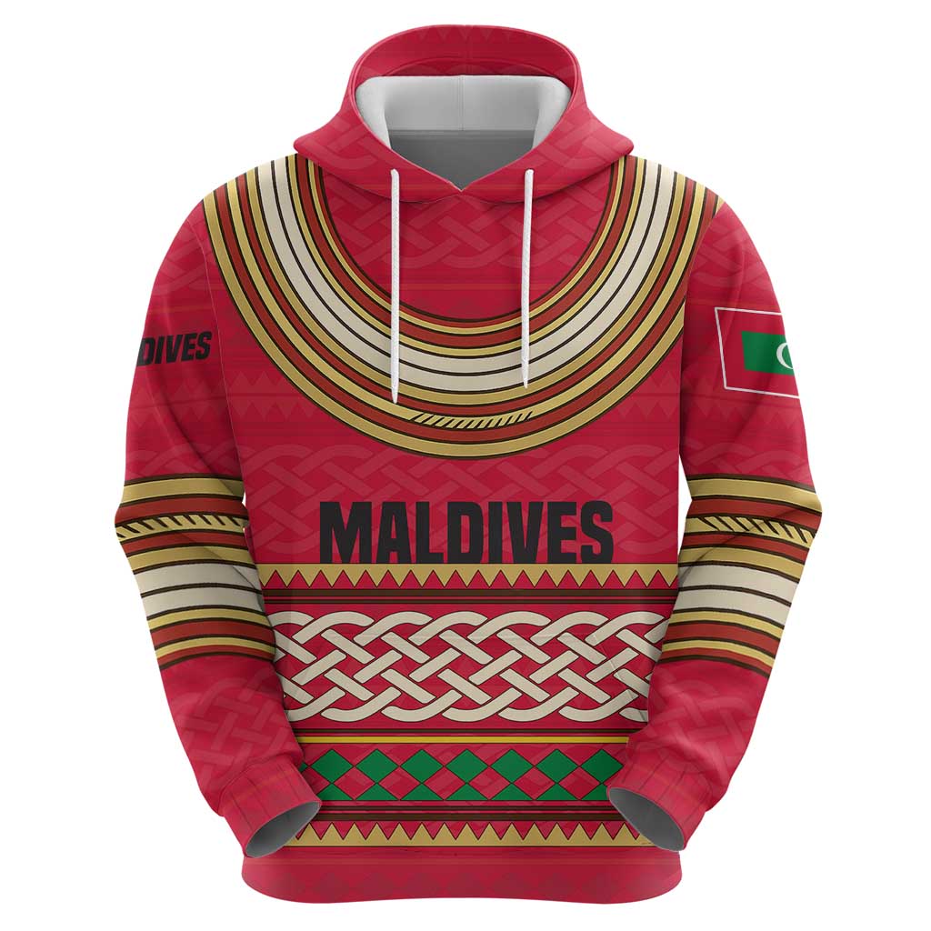 Maldives Tribal Heritage Red Hoodie with Cultural Geometric Pattern and Island Flag Print TS04