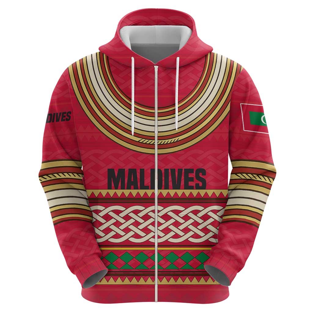Maldives Tribal Heritage Red Hoodie with Cultural Geometric Pattern and Island Flag Print TS04