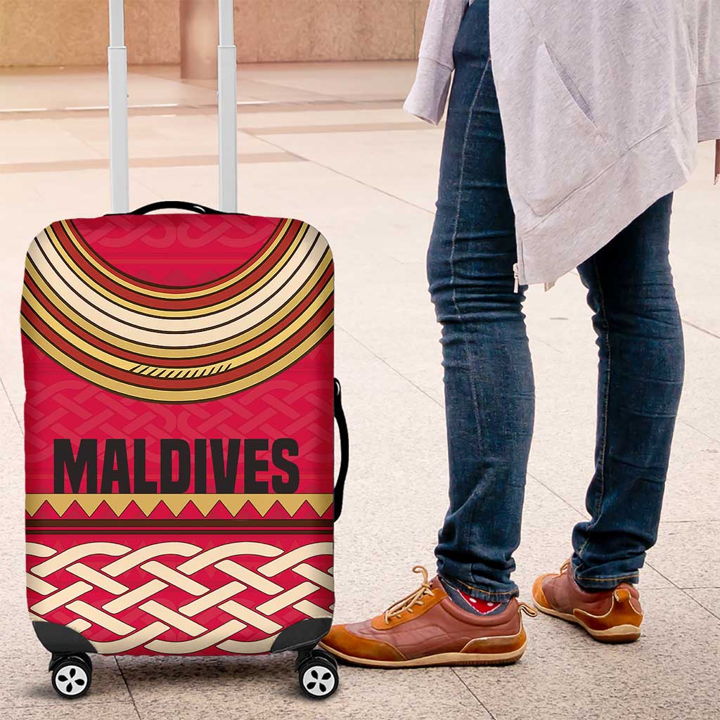 Maldives Tribal Heritage Red Luggage Cover with Cultural Geometric Pattern and Island Flag Print TS04