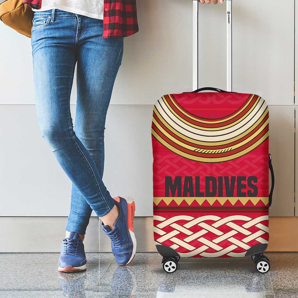 Maldives Tribal Heritage Red Luggage Cover with Cultural Geometric Pattern and Island Flag Print TS04