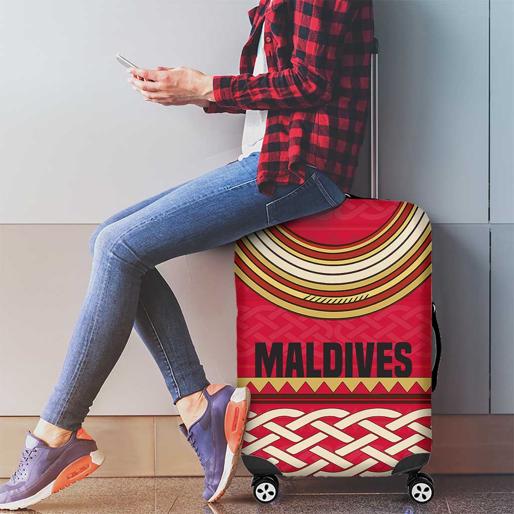 Maldives Tribal Heritage Red Luggage Cover with Cultural Geometric Pattern and Island Flag Print TS04