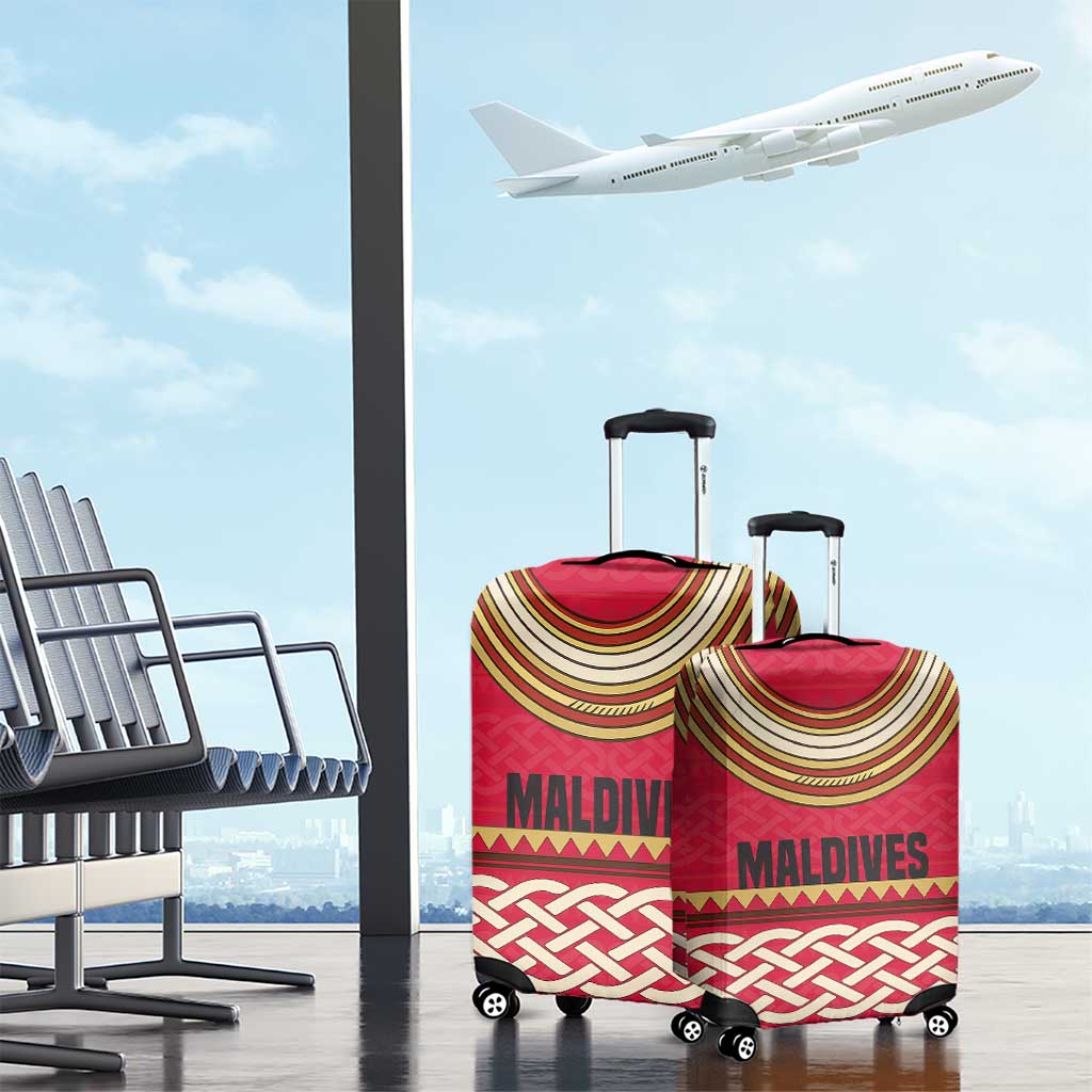 Maldives Tribal Heritage Red Luggage Cover with Cultural Geometric Pattern and Island Flag Print TS04