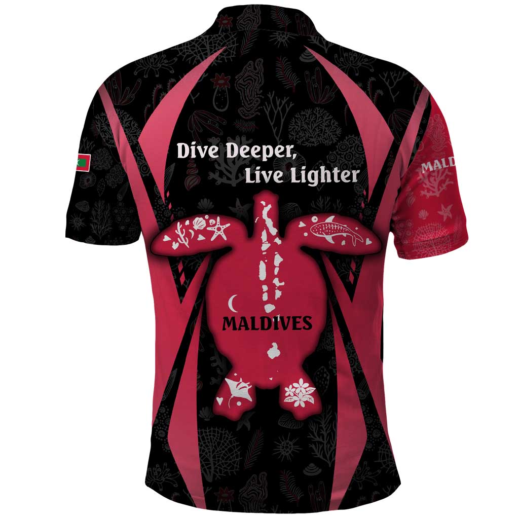 Maldives Dive Turtle Polo Shirt with Coral Reef Pattern and Island Spirit Slogan TS04