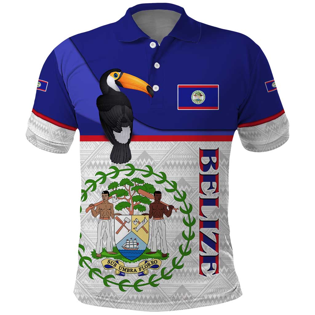 Belize National Emblem Polo Shirt with Toucan Print and Flag-Inspired Blue Design TS04