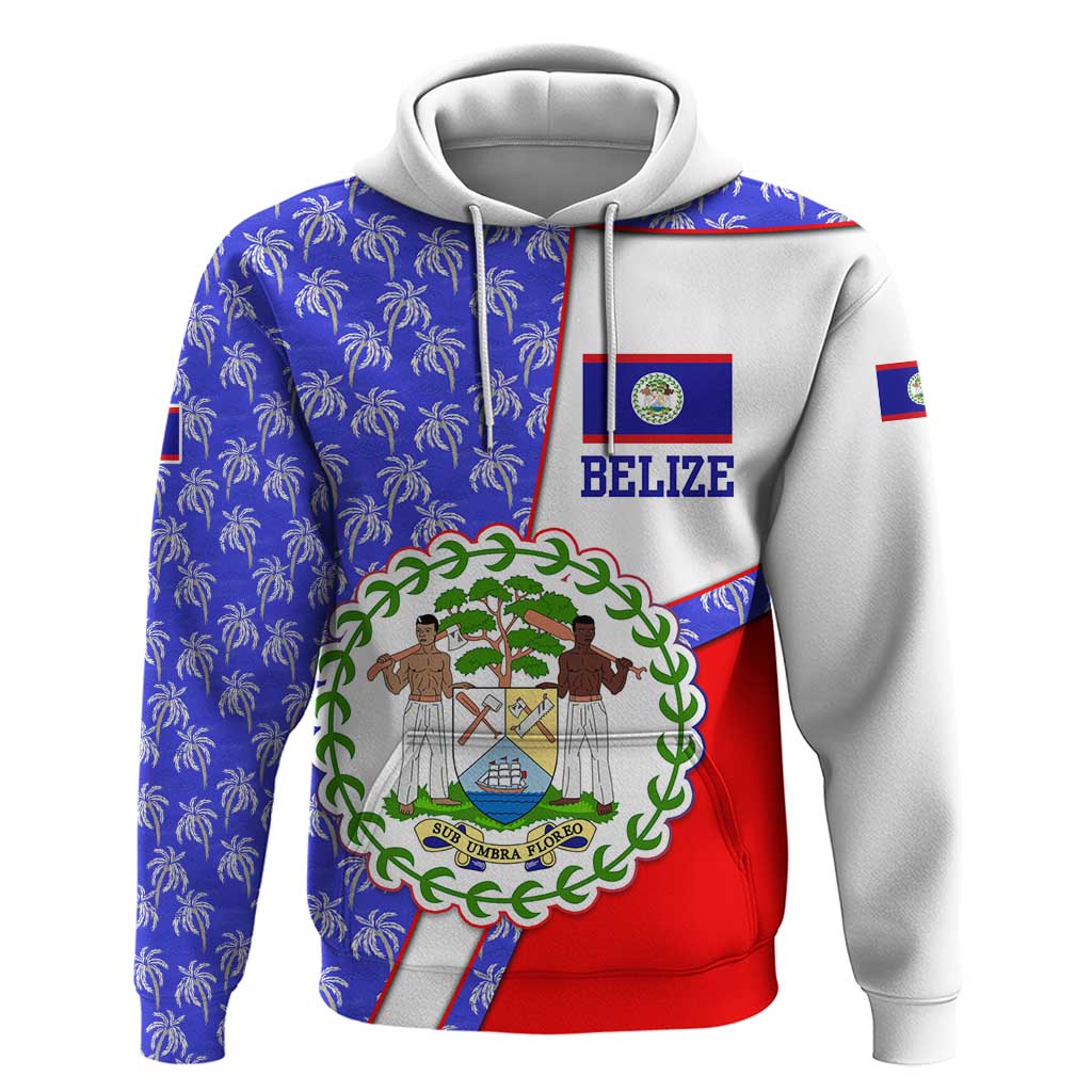 Belize Coat of Arms Hoodie with Palm Pattern and Split Red Blue Design TS04