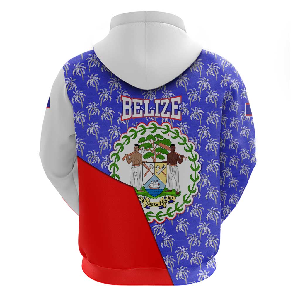 Belize Coat of Arms Hoodie with Palm Pattern and Split Red Blue Design TS04