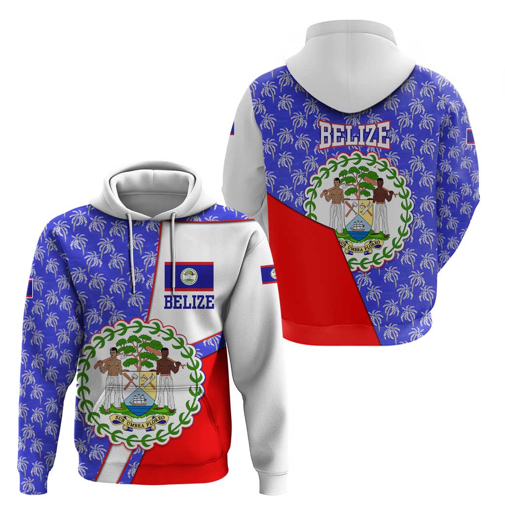Belize Coat of Arms Hoodie with Palm Pattern and Split Red Blue Design TS04