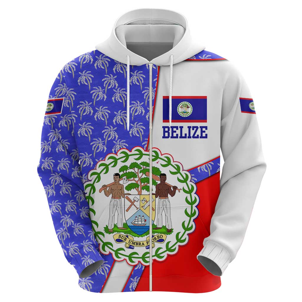 Belize Coat of Arms Hoodie with Palm Pattern and Split Red Blue Design TS04