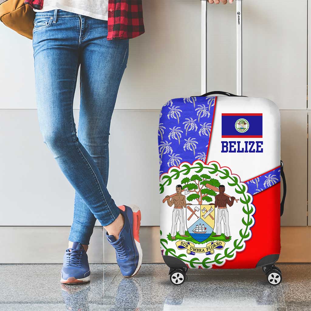 Belize Coat of Arms Luggage Cover with Palm Pattern and Split Red Blue Design TS04