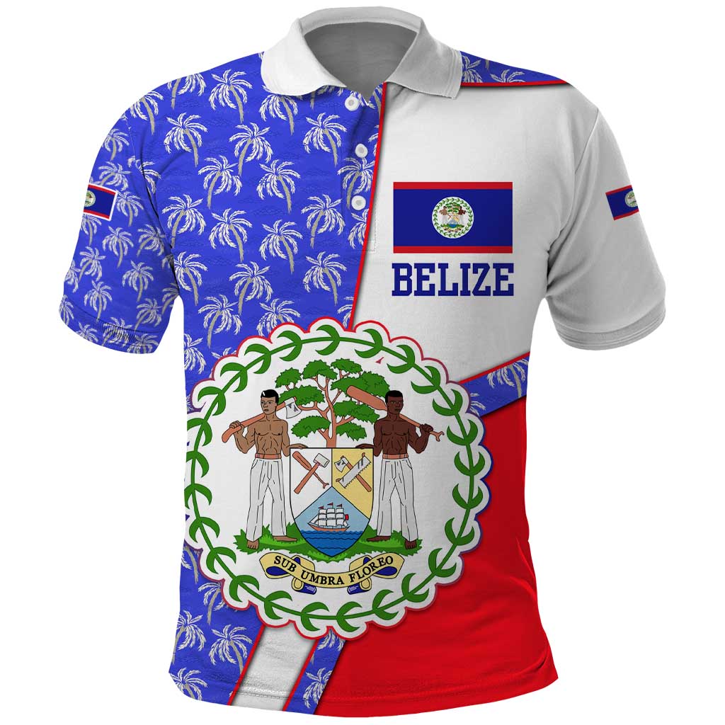 Belize Coat of Arms Polo Shirt with Palm Pattern and Split Red Blue Design TS04