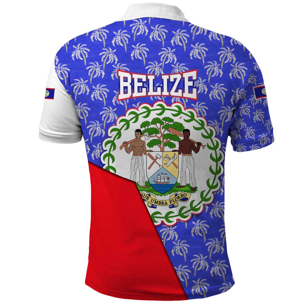 Belize Coat of Arms Polo Shirt with Palm Pattern and Split Red Blue Design TS04