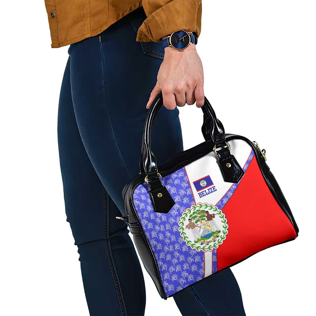 Belize Coat of Arms Shoulder Handbag with Palm Pattern and Split Red Blue Design TS04