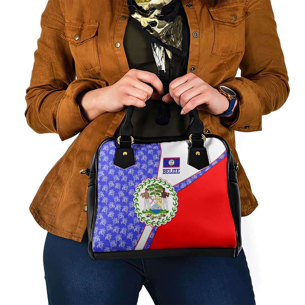 Belize Coat of Arms Shoulder Handbag with Palm Pattern and Split Red Blue Design TS04