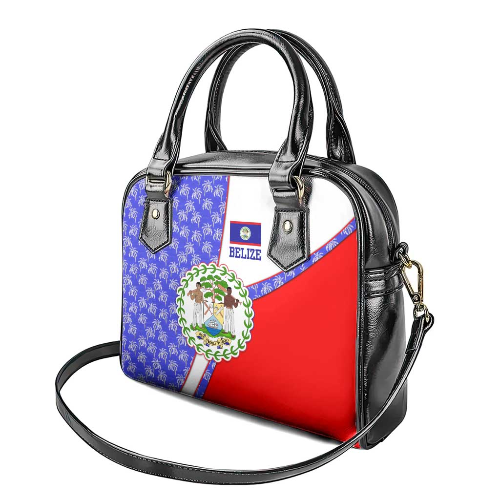 Belize Coat of Arms Shoulder Handbag with Palm Pattern and Split Red Blue Design TS04