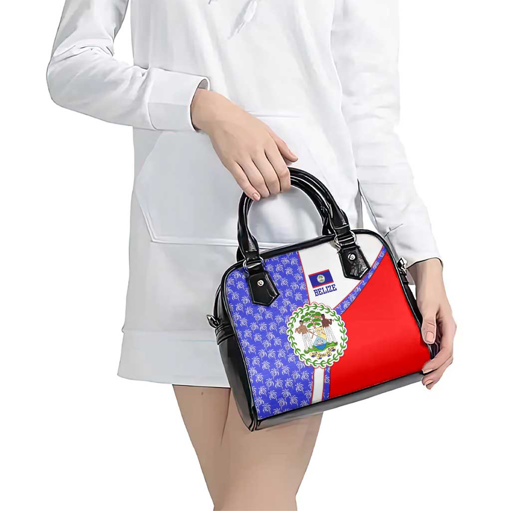 Belize Coat of Arms Shoulder Handbag with Palm Pattern and Split Red Blue Design TS04
