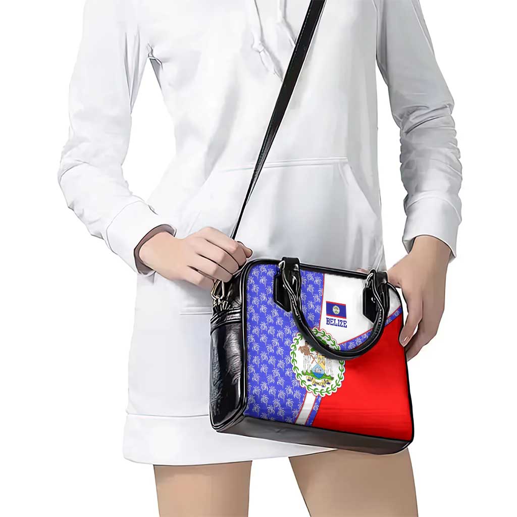 Belize Coat of Arms Shoulder Handbag with Palm Pattern and Split Red Blue Design TS04